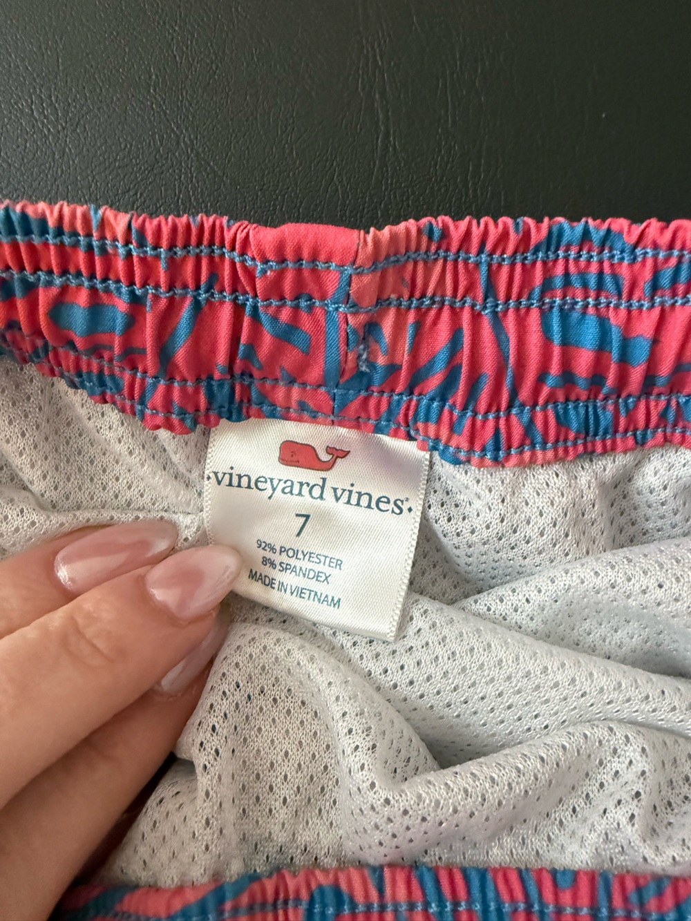 Vineyard Vines Kids Swim Trunks - Coral Pink & Turquoise Fish/Leaf Print - Picture 4 of 5